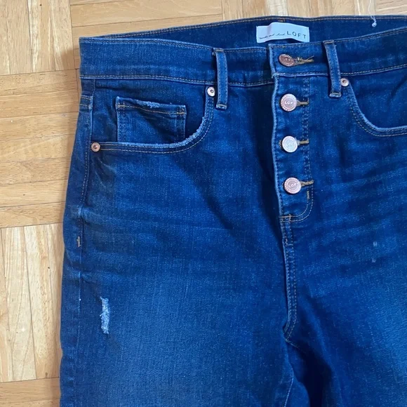 LOFT button fly high waist slim pockets skinny crop frayed cuff jeans EUC 8 - Picture 6 of 14